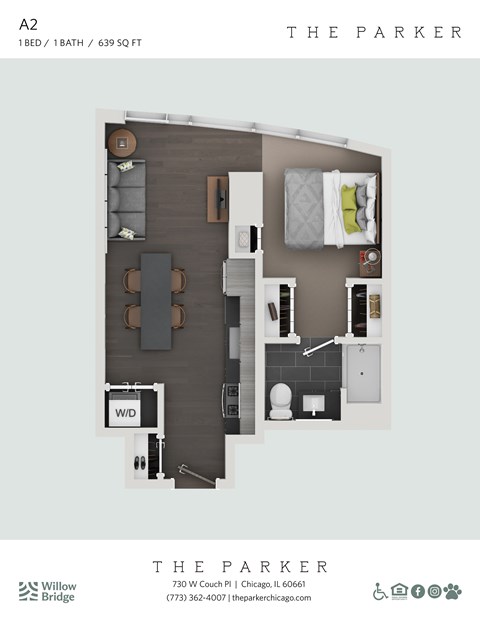Floor plan for 1 bed, 1 bath, 639 sqft